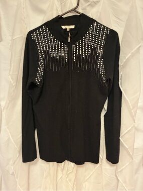 Embellished Zip-Front Black Women's Sweater